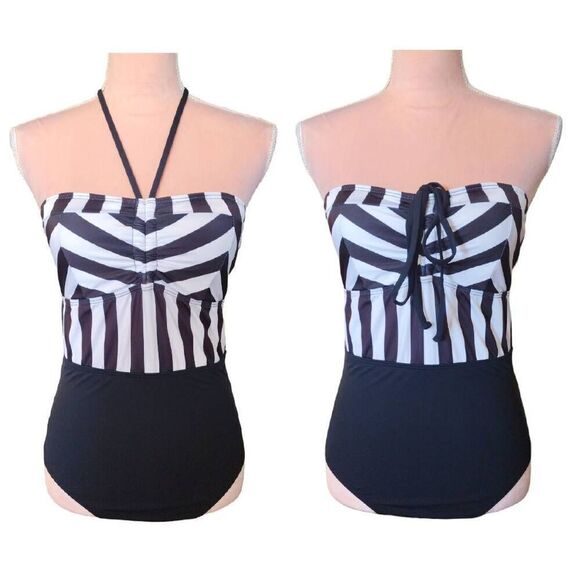 GUESS Black White High Waist Bandeau One Piece Swimsuit Medium - Picture 3 of 13